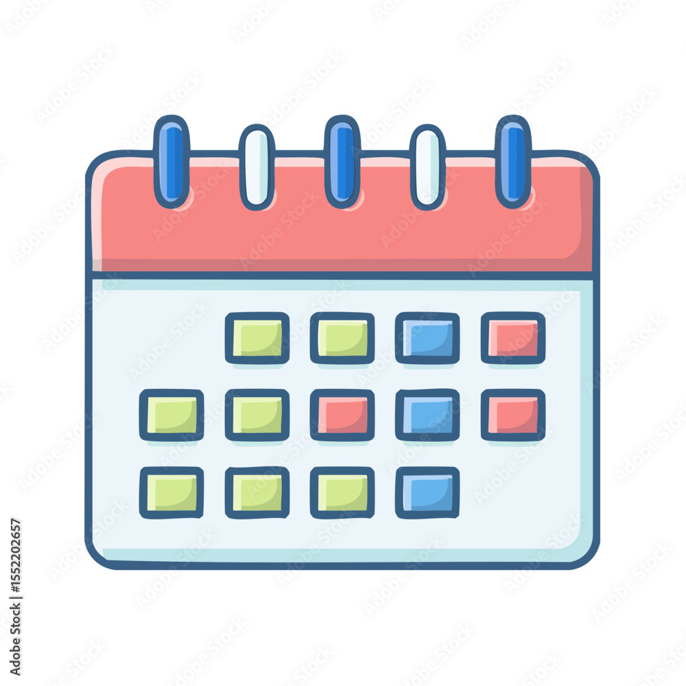 Poster cute cartoon calendar icon with colorful blocks displaying dates and important events
