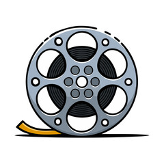 Fototapeta premium Animated Cartoon Movie Film Reel Illustration Silver Gray with Yellow Film Strip on Black Background