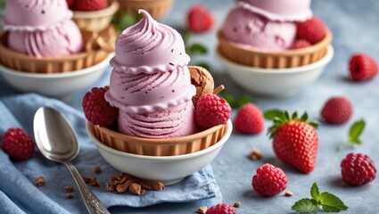 Gianduia Ice Cream in a Bowl with Empty Space for Text, surrounded by fresh berries and chocolate shavings.