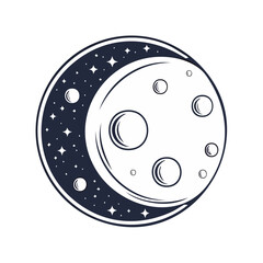 Stylized half moon with craters and stars cosmic scene celestial night sky vector illustration astronomy astronomical theme design element