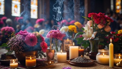 Flowers, Incense, Candles Are Used For Religious Ceremonies.