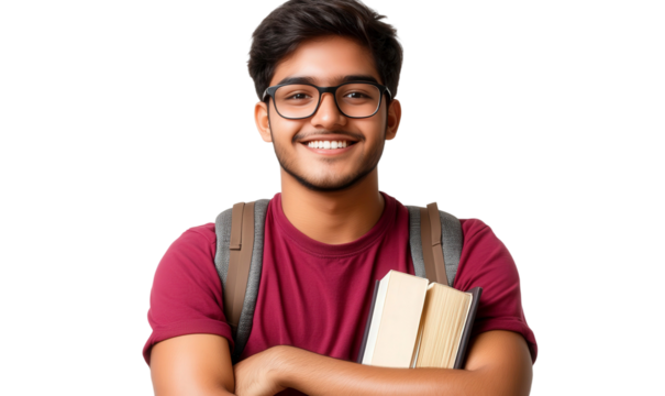 Young smiling student with glasses holding books, standing confidently in casual attire, isolated on a bright background for education and learning themes