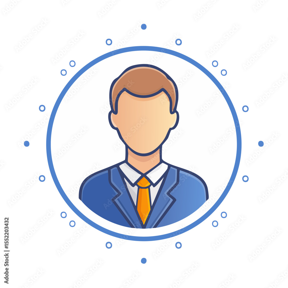 Poster business profile avatar of a man in suit and tie. presentation for application. blue circle with dec