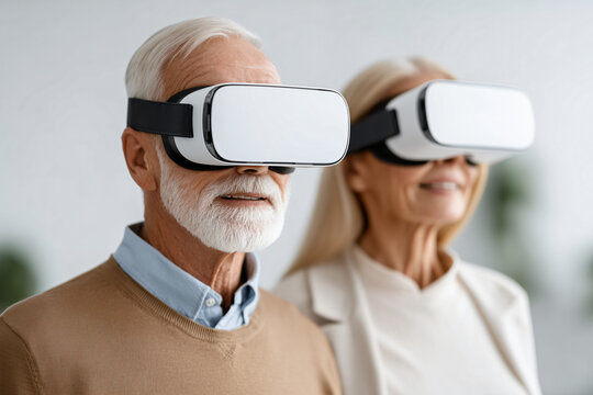 Senior couple experiencing virtual reality. Close-up shot of a man and woman wearing VR headsets, exploring a digital world.