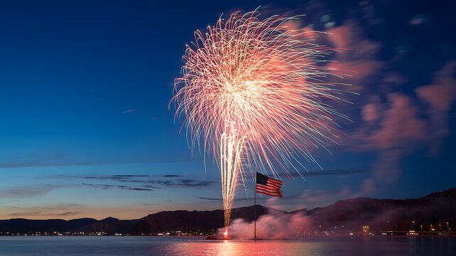 Patriotic fireworks light up the twilight sky over the lake with an American flag waving in celebration.