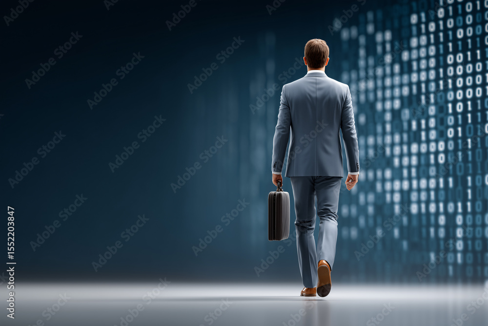 Wall mural a businessman walking forward with a suitcase in the technological digital background. this image cr