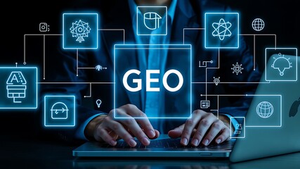 Digital marketing professional uses a laptop to analyze and optimize online presence with glowing geo and data icons