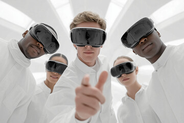 Team of diverse scientists wearing VR headsets, thumbs up gesture. futuristic technology research