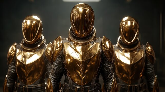 Three golden armored figures stand proudly, showcasing a blend of technology and strength in a futuristic setting, highlighting the essence of power and unity.