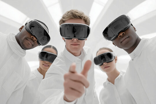 Team of diverse scientists wearing VR headsets, thumbs up gesture. futuristic technology research