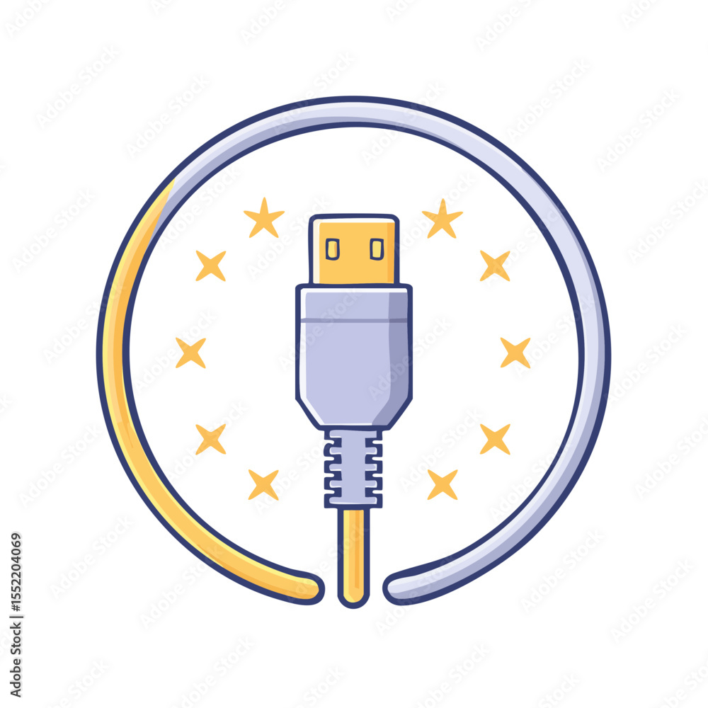 Poster universal serial bus connector with a golden circle and stars on a black backdrop
