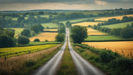 A scenic summer landscape of fields and rural roads with vibrant greenery and open skies