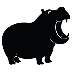 Happy Hippo Silhouette Black and White Illustration