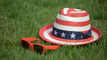 Patriotic celebration with an American flag themed hat and orange sunglasses sitting on lush green grass during a summer day.