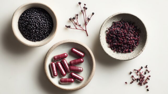 Elderberry capsules and dried berries in ceramic bowls on white background