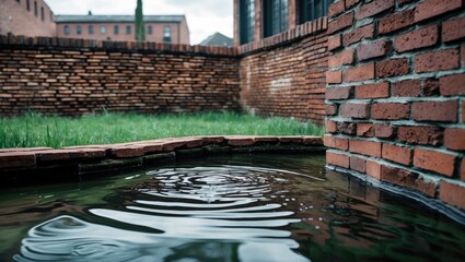 A brick wall with water in it and a brick wall with grass and buildings in the background