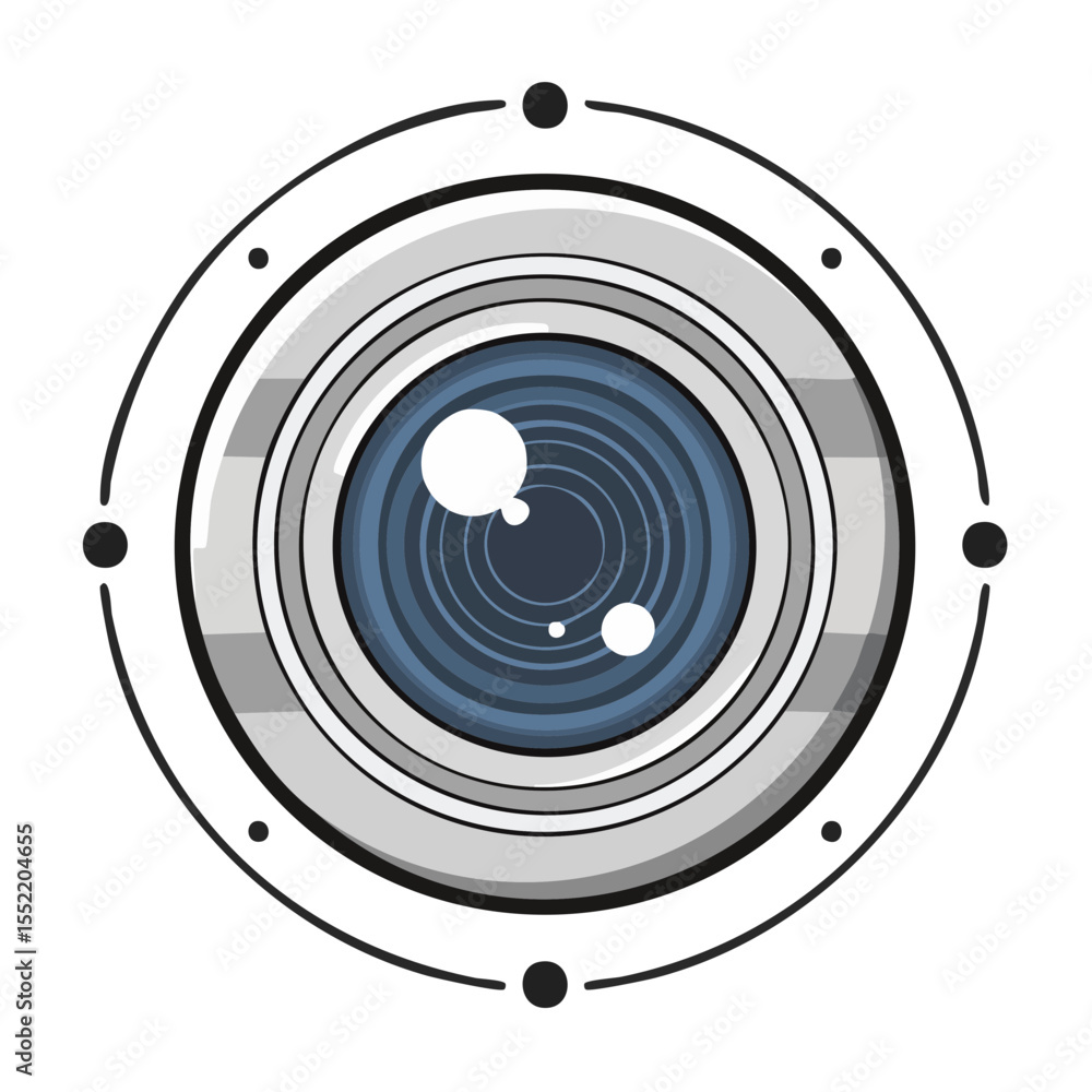 Poster camera lens stylized illustration on black background featuring concentric circles and modern design