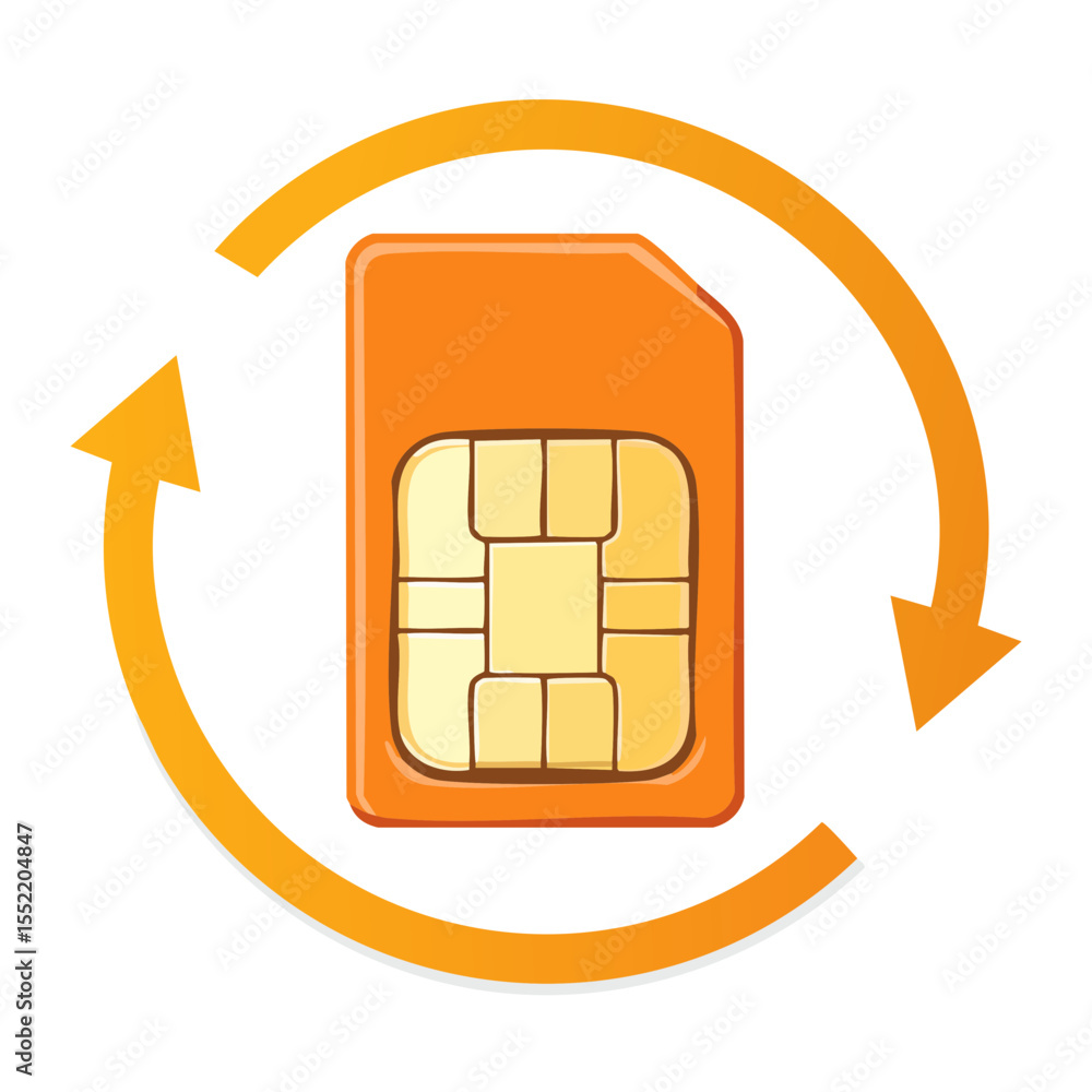 Poster orange sim card with circular arrows suggesting rotation or change on a black background