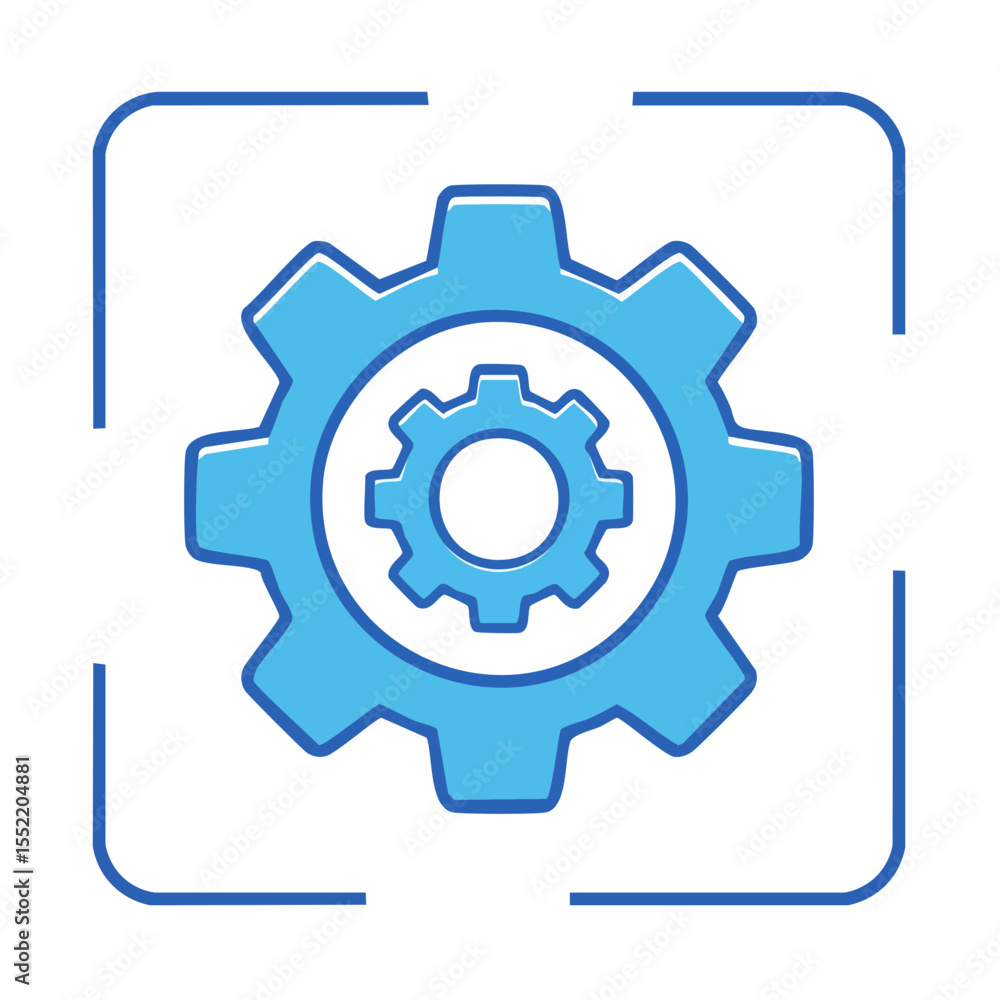 Poster two gears interlocking in soft blue tones symbolizing collaboration and mechanical processes with a 