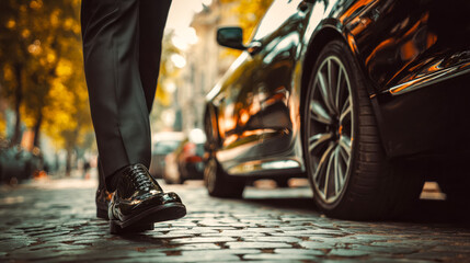 Business person walking past a luxury car on a city street in autumn