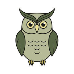 Obraz premium Stylized owl illustration featuring woodland animal isolated on black background. Cartoon owl in gray and green shades with big eyes looking forward.