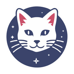Obraz premium White Cat Face with Pink Ears on a Night Sky Circle with Stars Digital Illustration Graphic Design Icon or Logo