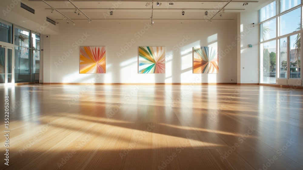 Poster this image depicts a bright and airy art gallery with large windows and walls adorned with vivid mod
