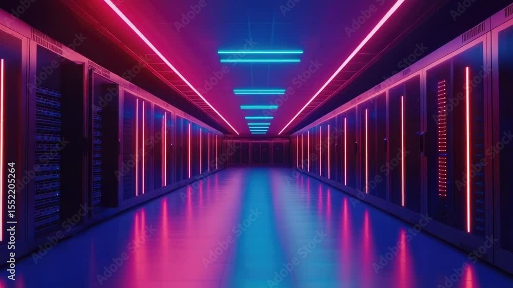 Poster Row of servers in a data center with neon lights, suitable for tech or business use
