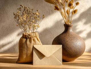 Rustic vases with dried flowers and an envelope on wooden surface in natural light