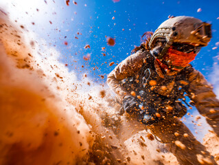 Action shot of a person riding an off-road vehicle through dirt and dust on a sunny day
