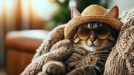 A charming cat wearing trendy sunglasses and a straw hat, cozily nestled in a blanket, exuding a playful yet relaxed vibe that is sure to capture hearts.