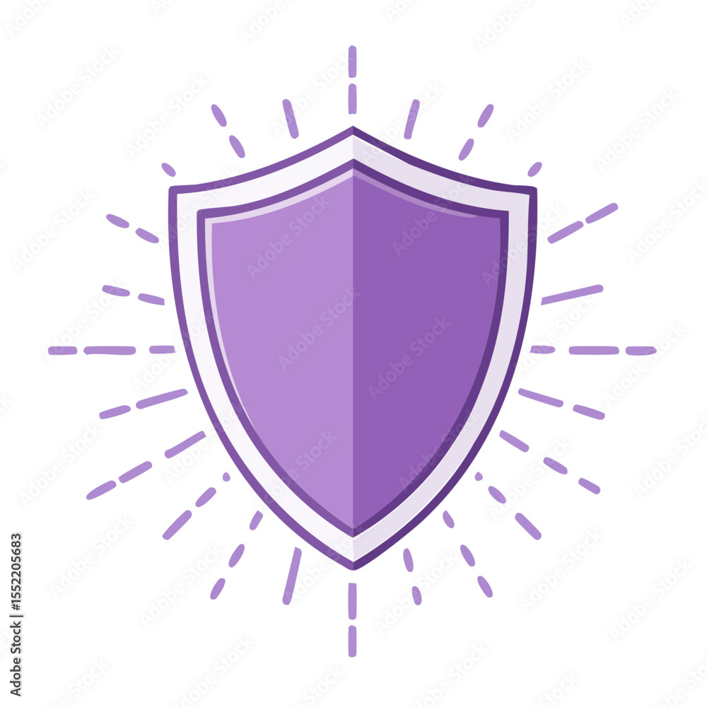 Poster purple shield with radiating rays symbolizing protection and security in abstract design for digital