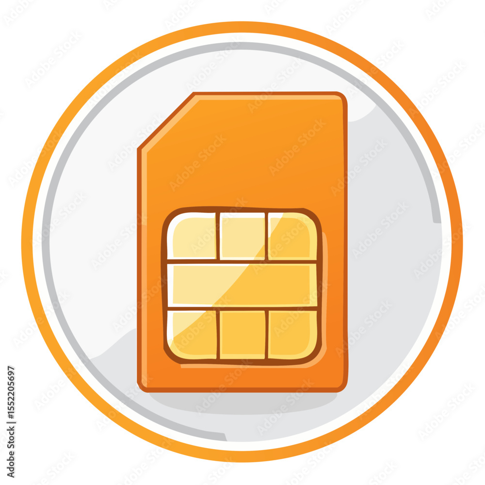 Aufkleber orange sim card icon for mobile device communications on white, a symbol of technology, connection a