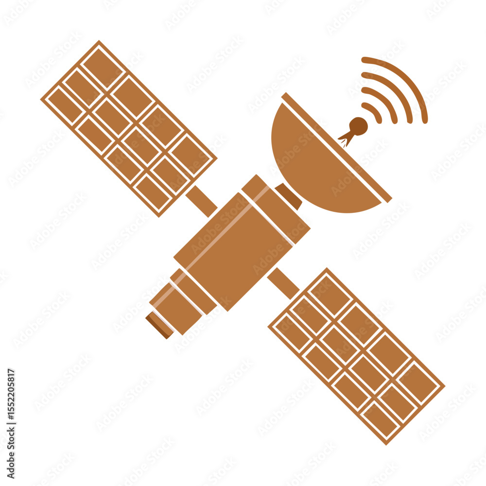 Poster satellite orbiting transmitting data through space illustration with solar panels antenna and orbiti