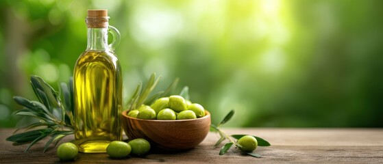 The olive oil bottle with fresh green olives in a rustic setting.