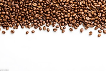 Top view of roasted coffee beans spread across white background