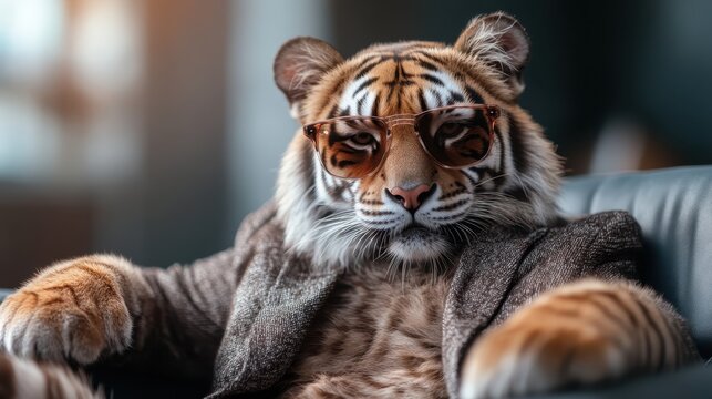 A whimsical portrayal of a tiger wearing sunglasses and a stylish jacket, exuding a sense of confidence and personality, merging the animal world with human fashion culture.