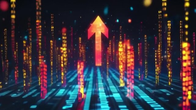 Digital landscape red arrow flanked by orange columns over blue grid - Powered by Adobe