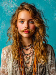 Portrait of a young woman with curly blonde hair and multiple layered bohemian-style necklaces against a turquoise background