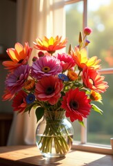 colorful flower arrangements vibrant blooming petals glass vases home decor floral art display, orchid, rose, tulip, daisy, gerbera, sunflower, lily, irises