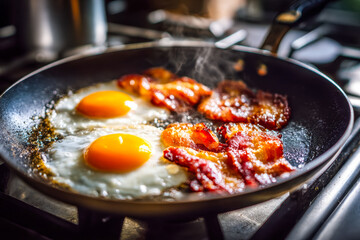Sizzling breakfast with eggs and bacon cooking in a frying pan