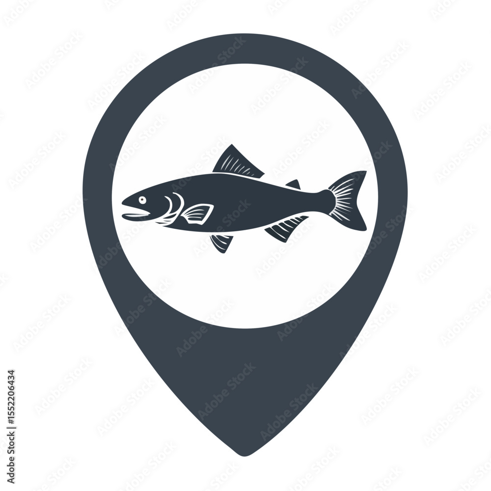 Poster navigation pointer with fish icon, location symbol, fish marker sign