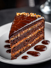 Rich chocolate cake slice with caramel and nuts, garnished with chocolate ganache and sauce on a white plate