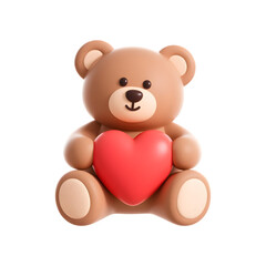 Cute 3d rendered teddy bear holding a red heart isolated on transparent background