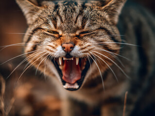 Close-up of a fierce, snarling domestic cat baring sharp teeth and showing aggression