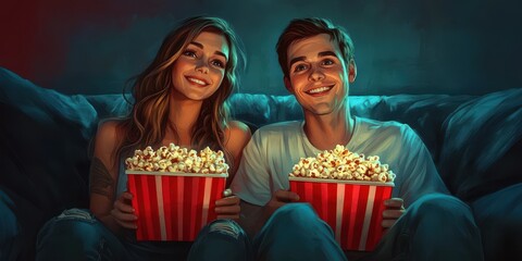 Couples enjoy movie night together with popcorn in cozy living room during evening hours