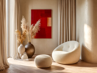 Modern cozy corner with plush chair and decorative vases in a sunlit room