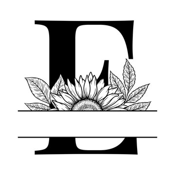 Sunflower split monogram design, alphabet letter E decorated with floral illustration. Perfect for personalized gifts, farmhouse decor, wedding initials, laser cut file, family sign, and DIY crafts.