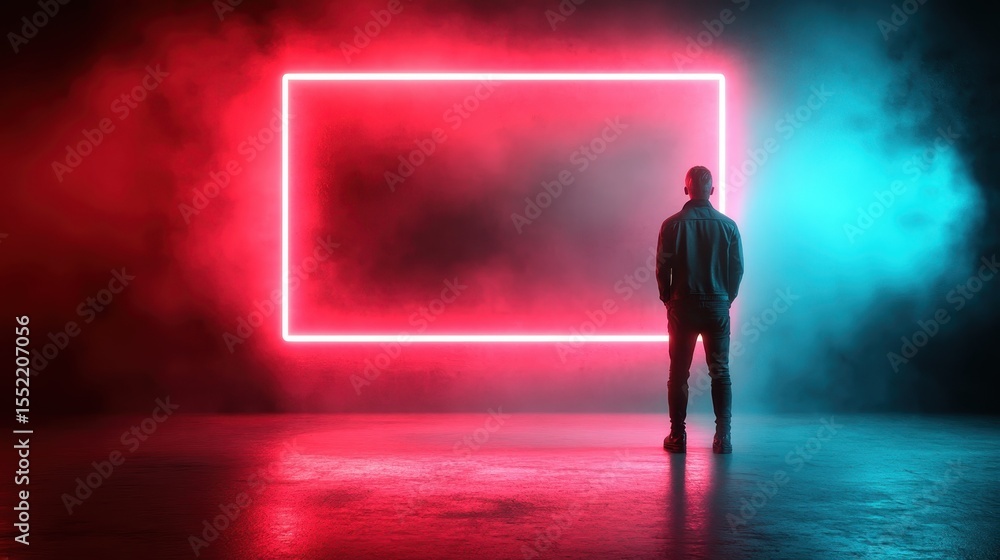 Aufkleber a silhouette of a person stands in front of a vibrant neon background, urging contemplation and conn