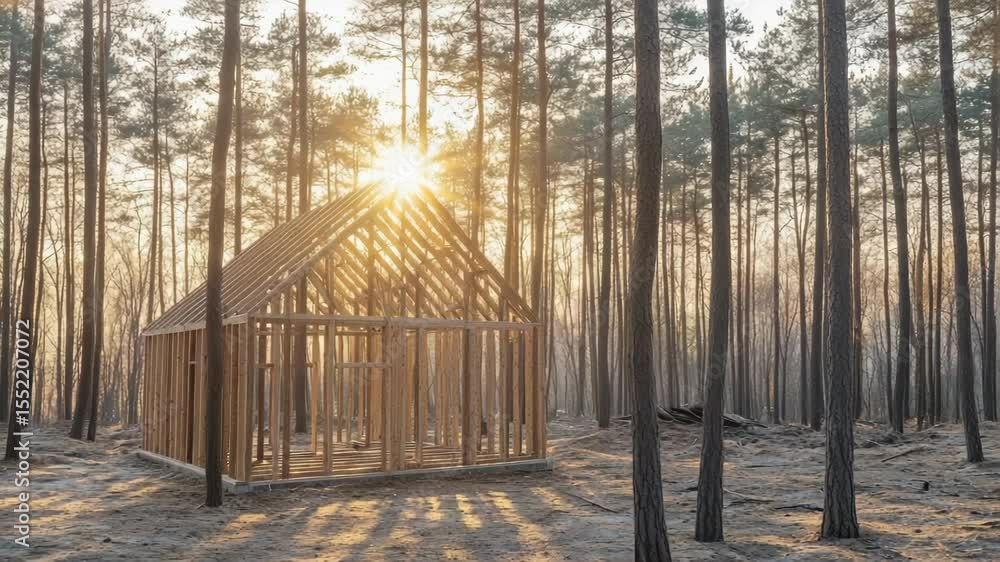 Poster a small wooden structure surrounded by nature in a dense forest, suitable for use as a peaceful retr